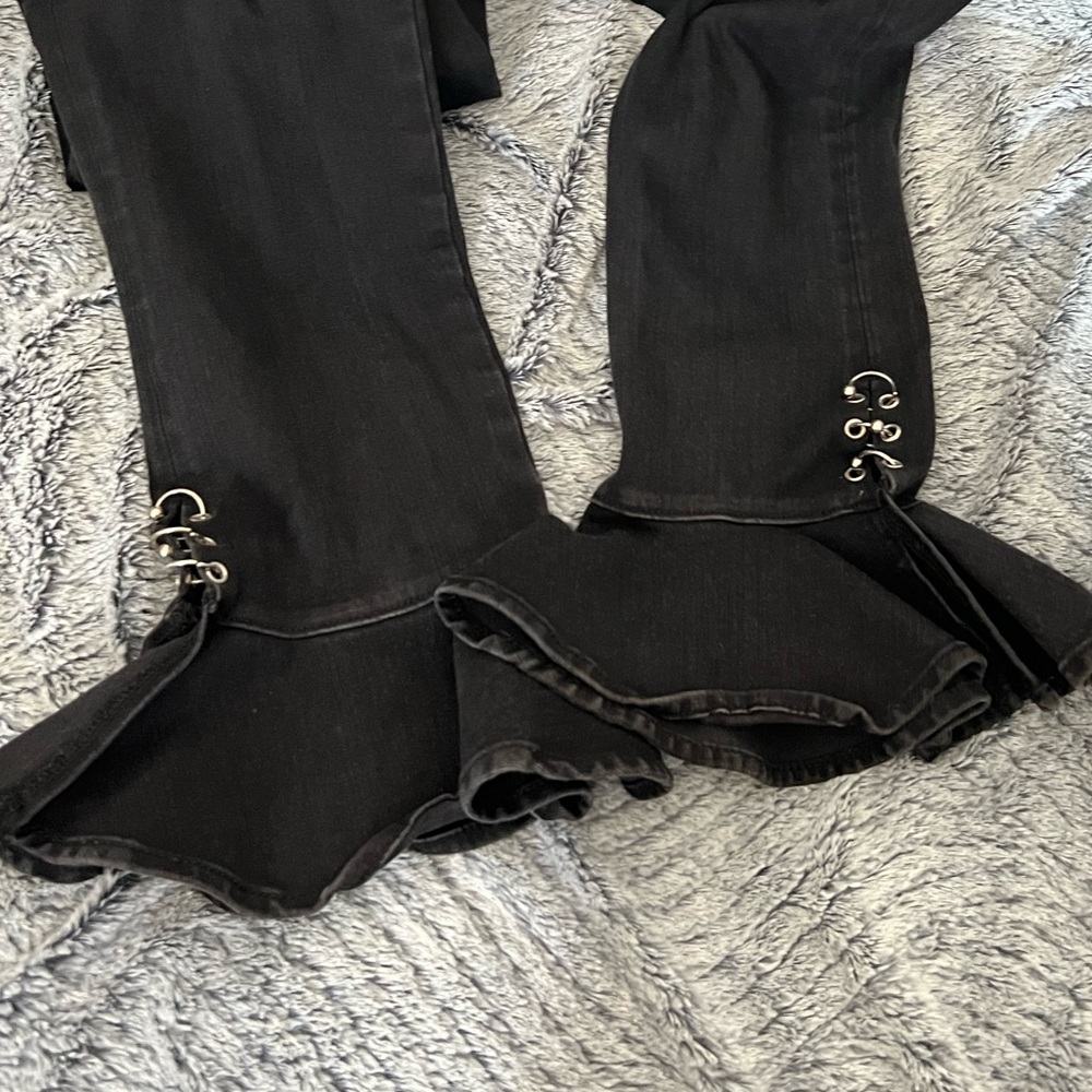 Zara black denim mini flair jeans with metal rings at the bottom - Picture 9 of 10